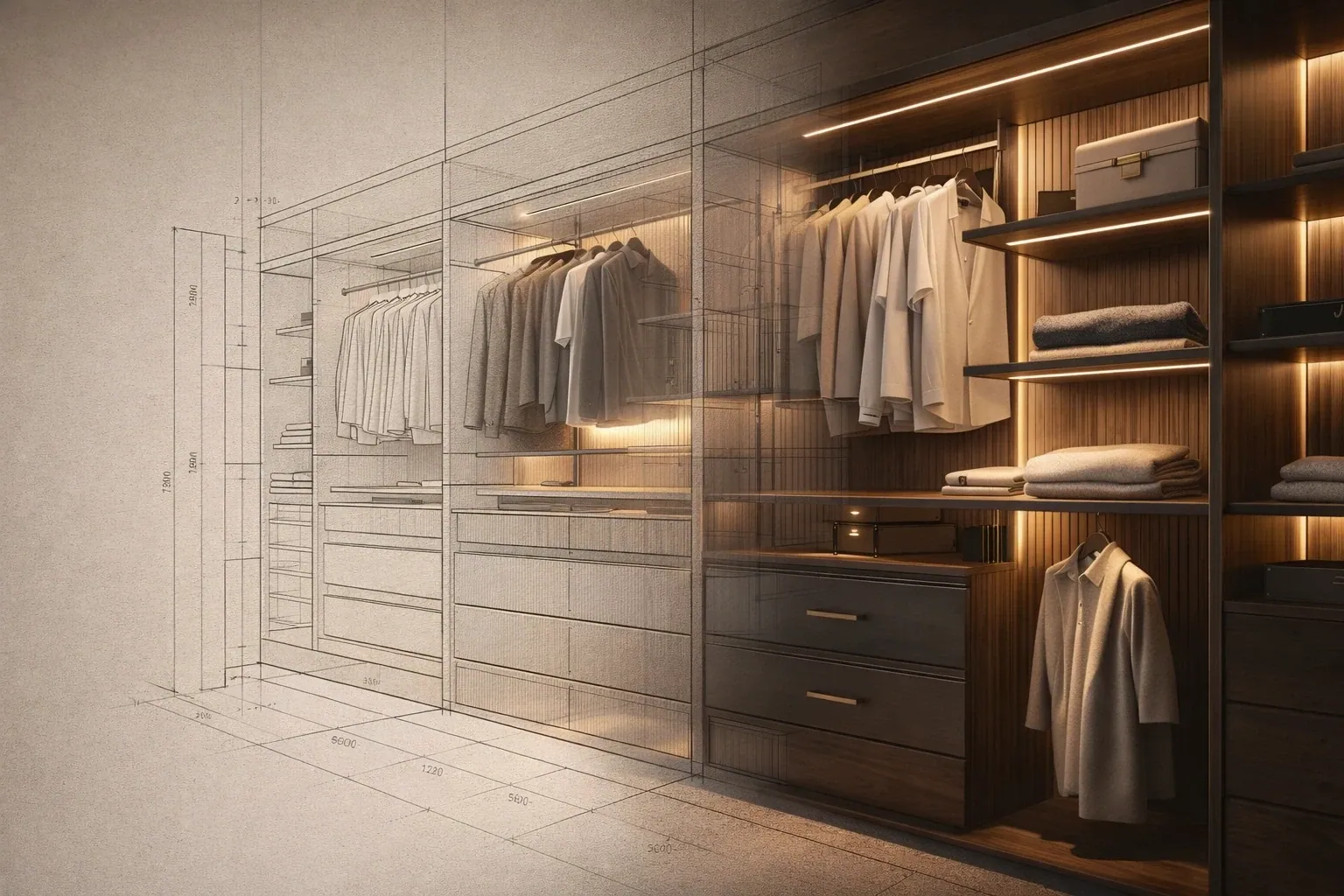 Custom closet design drawings transitioning to finished built-in millwork