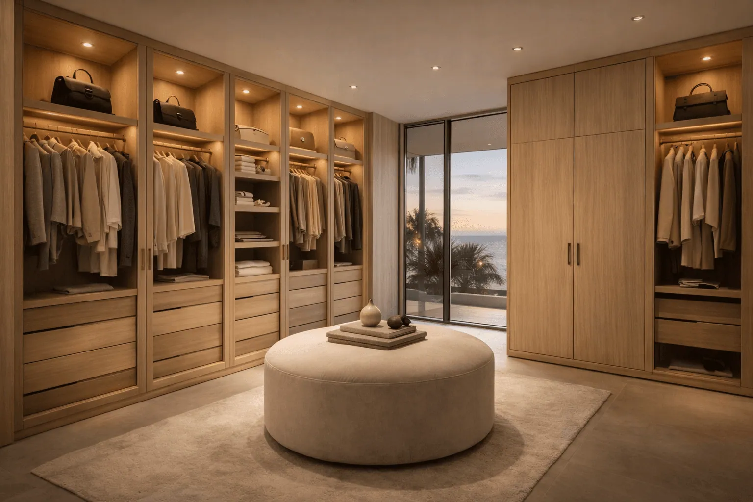 Reach-in closet with drawer bank and full-height hanging by Vallier