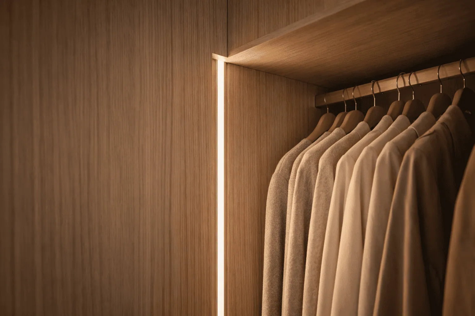 Full-height reach-in closet millwork with integrated lighting by Vallier